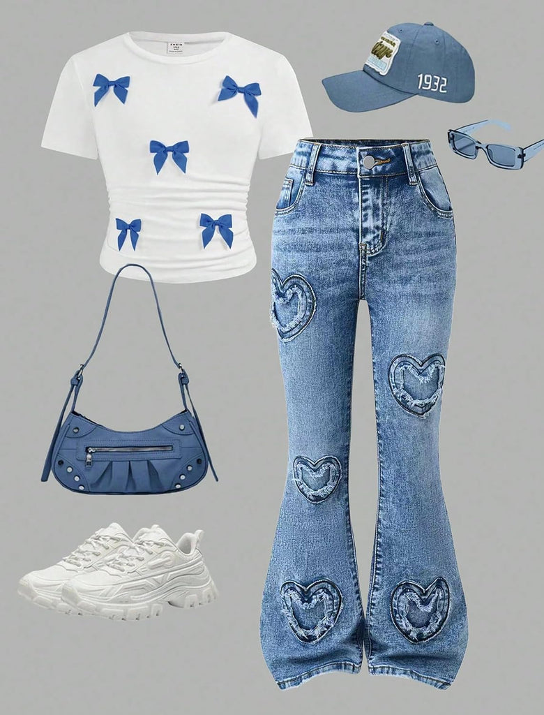 Girls Jeans Flare High Elastic Waist Denim Pants Bell Bottom Stretch Cute Y2K Streetwear with Pockets