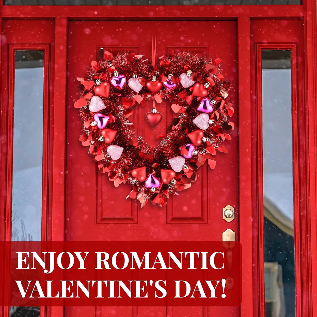 Valentines Wreath for Front Door Valentines Heart Shaped Tinsel Garland Hanging Heart Wreath Decor Birthday Wedding