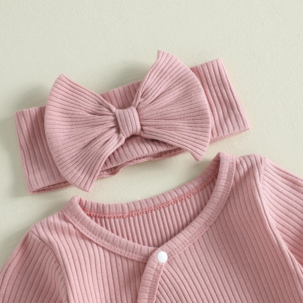 Newborn Girl coming home Outfit Baby Ribbed Knit Romper Side Tie Footed (Pink, Newborn)