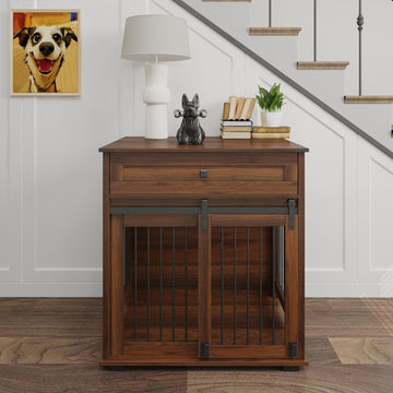 Wooden Dog Crate Furniture with Sliding Barn Door & Drawer, Walnut