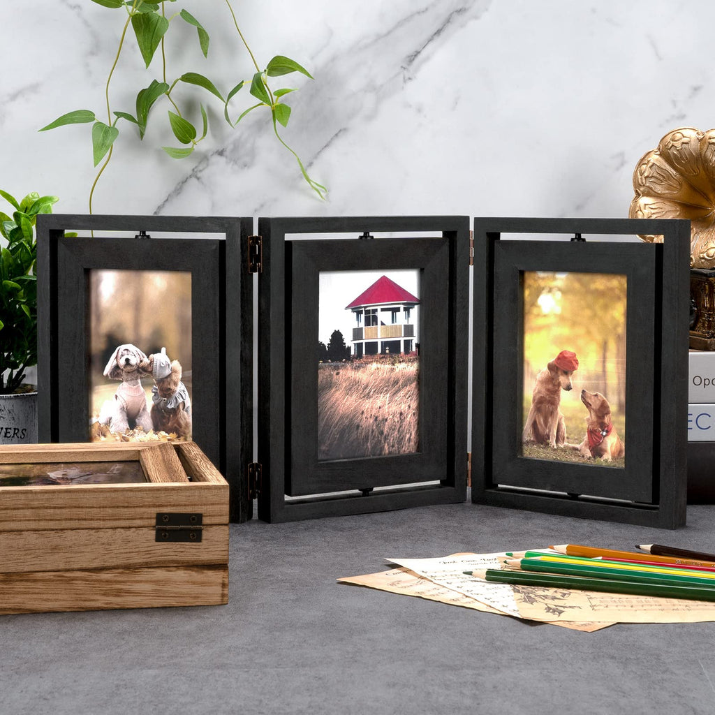4x6 Picture Frame Rustic Wood Hinged Folding Triple Picture Frames Collage, Double-Sided Display Rotatable High