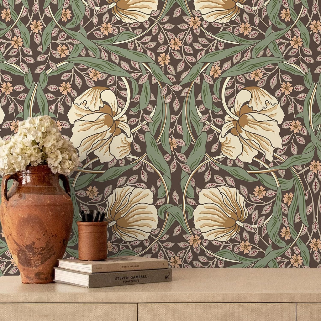Vintage Dark Earth Floral Wallpaper Peel and Stick William Morris Wallpaper Pimpernel Wall Mural 17.7''x354'' Self
