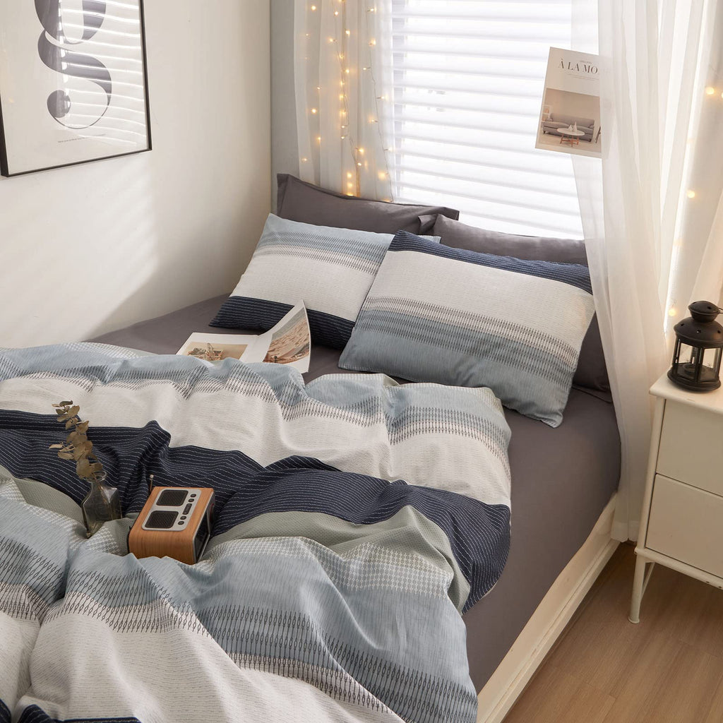 Cotton Stripe Duvet Cover Full Size Gray Blue White Stripe Comforter Cover Modern Style Geometric Stripe Bedding Set