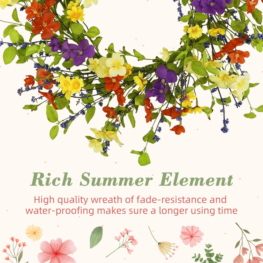 20" Spring Summer Wreaths for Front Door, Artificial Floral Wreath with Colorful Wild Flowers Dicotyledons Berries
