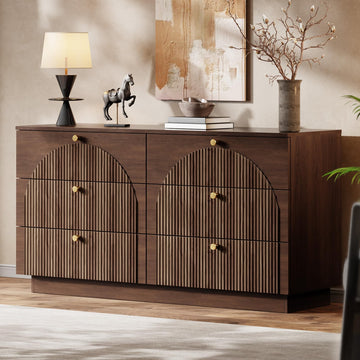 Arched Fluted Dresser with 6 Drawers 55" Wide Walnut