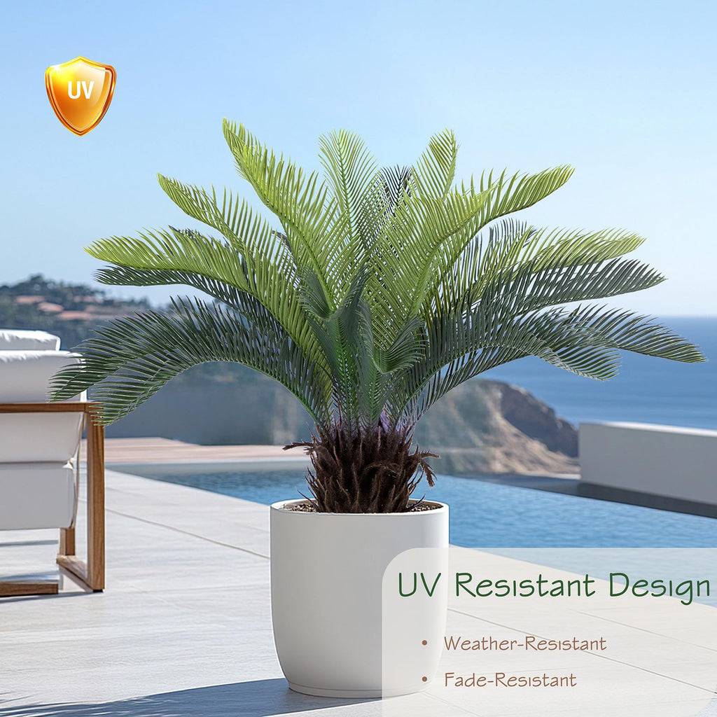 2ft Artificial Cycad Tree UV Resistant with Lifelike Bark & Realistic Leaves, 24in Super Full Faux Sago Palm Tree