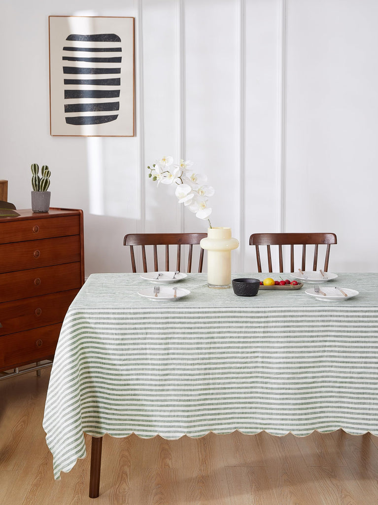 100% Yarn-Dyed Linen Stripe Tablecloths Scalloped Embroidery Rectangle 108Lx60W Inch for Dinners, Parties, Spring