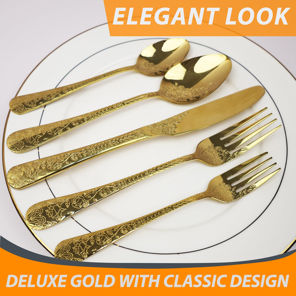 Modern Carved Floral Gold Stainless Steel 20-Piece Flatware Set