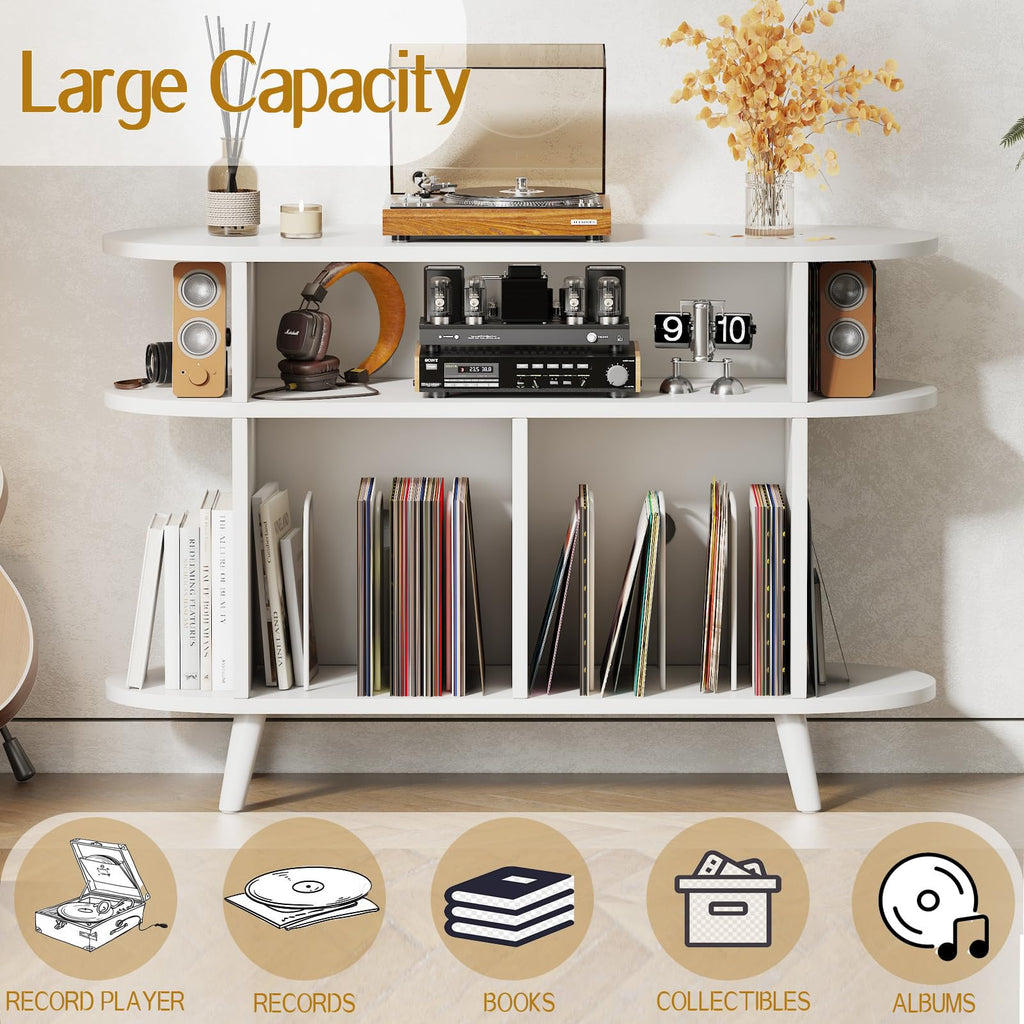 Large Round Record Player Stand, Wood Record Storage Cabinet, Vinyl Record Holder with Display Area, Mid Century