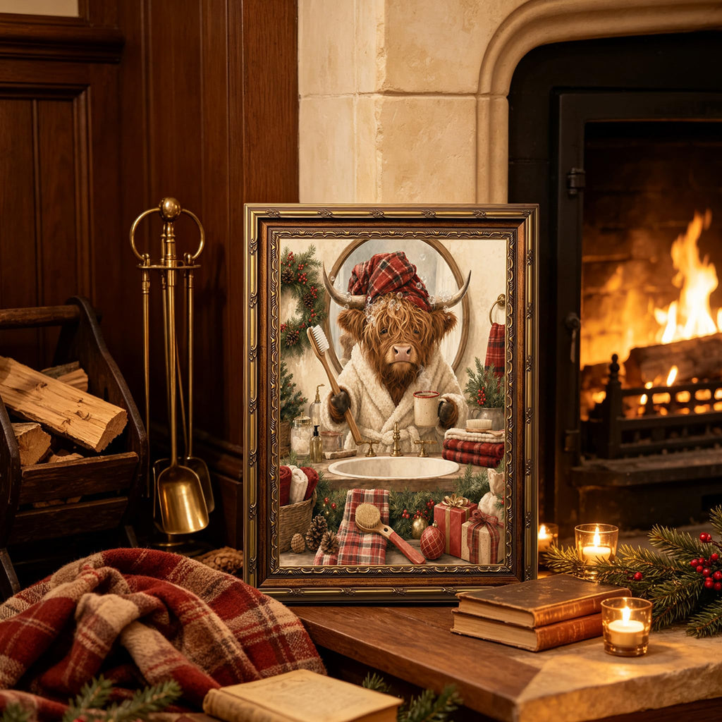 Christmas Highland Cow Wall Art (Christmas Art-C, 16x24in, Framed)