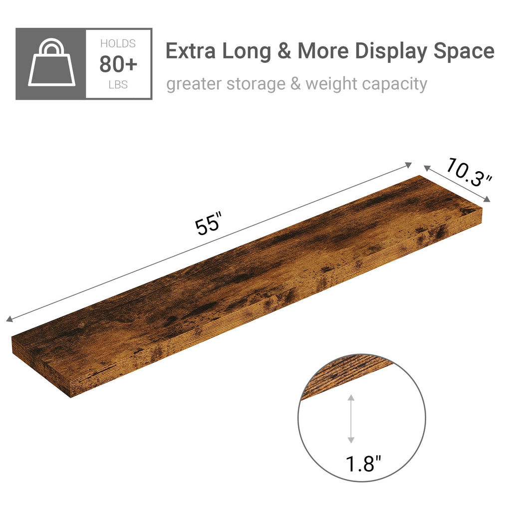 Deep Floating Shelves 55x10" Set of 1, Rustic Brown