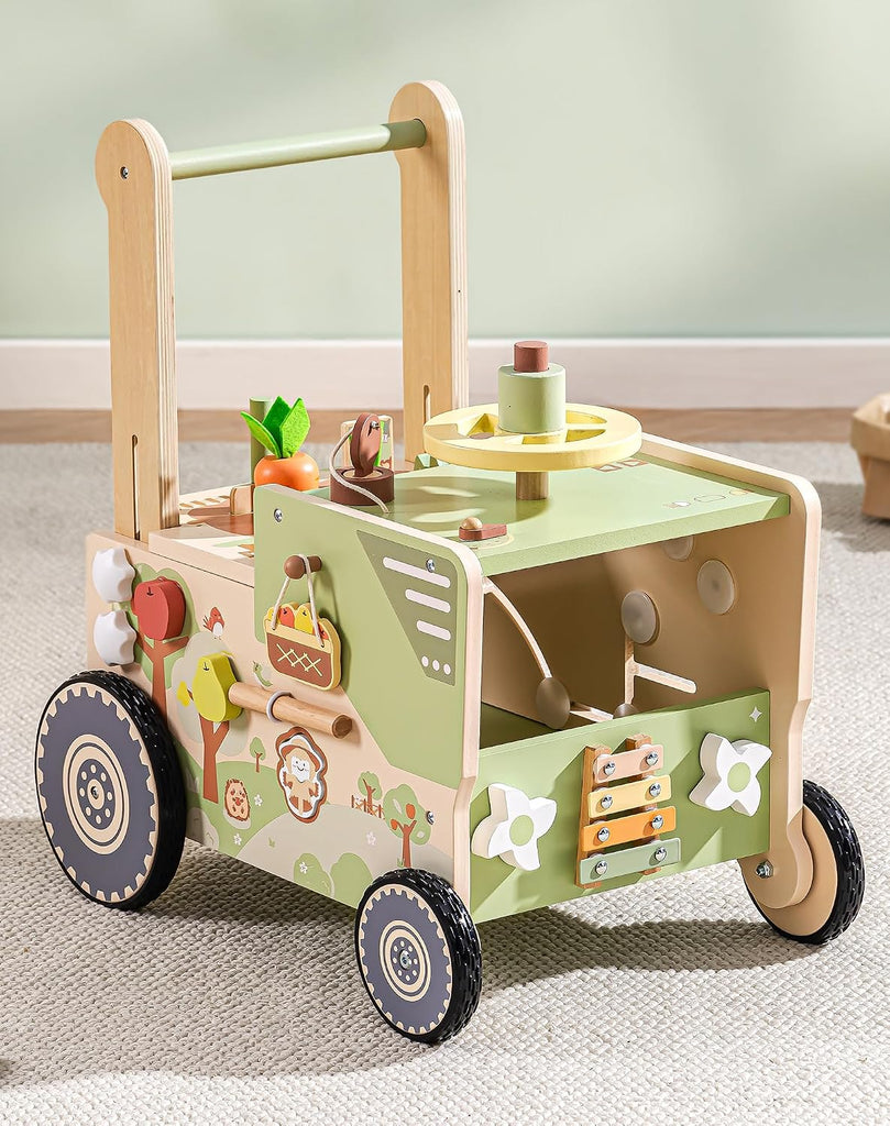 Wooden Baby Walker Push Toy for Toddlers, Baby Push Walker with Wheels, Farm-Themed Activity Center for Girls & Boys