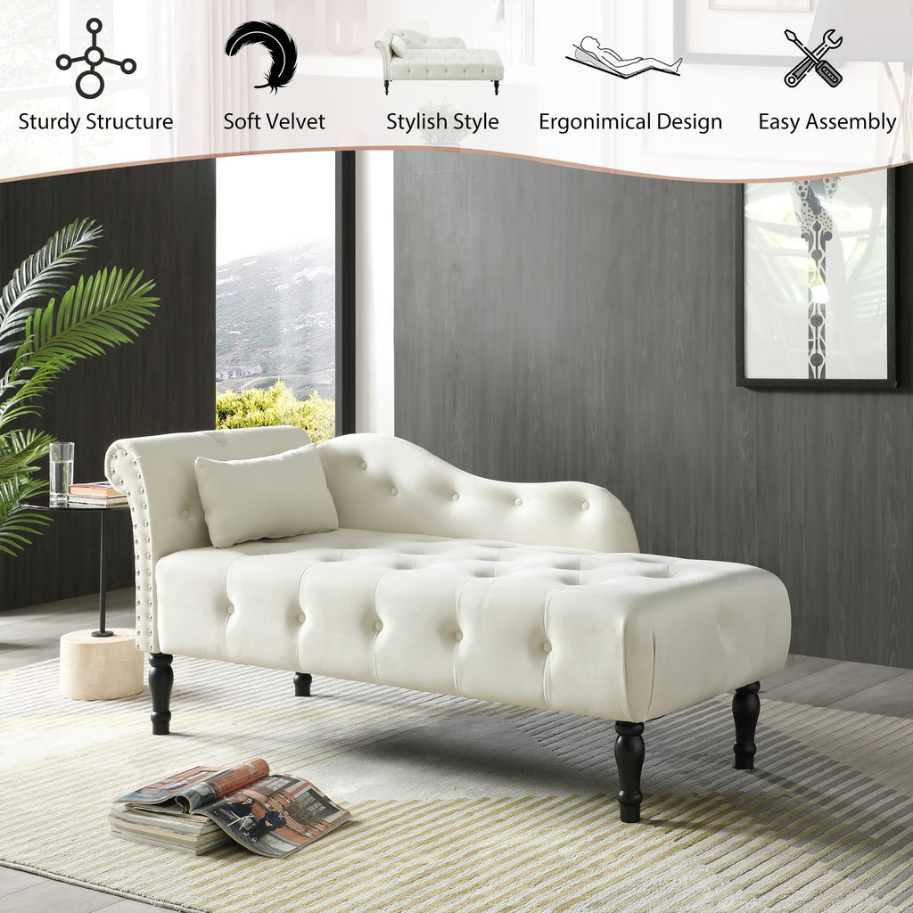 60" Chaise Lounge Indoor Velvet Button Tufted with Pillow, Nailhead Decorate Rolled Arm Chaise Lounge Living Room