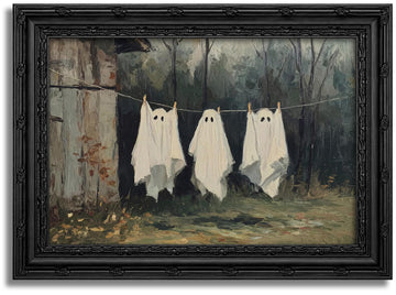Framed Halloween Sheet Ghost Canvas Wall Art, Whimsical Laundry Ghost Painting Picture Wall Decor, Vintage Spooky