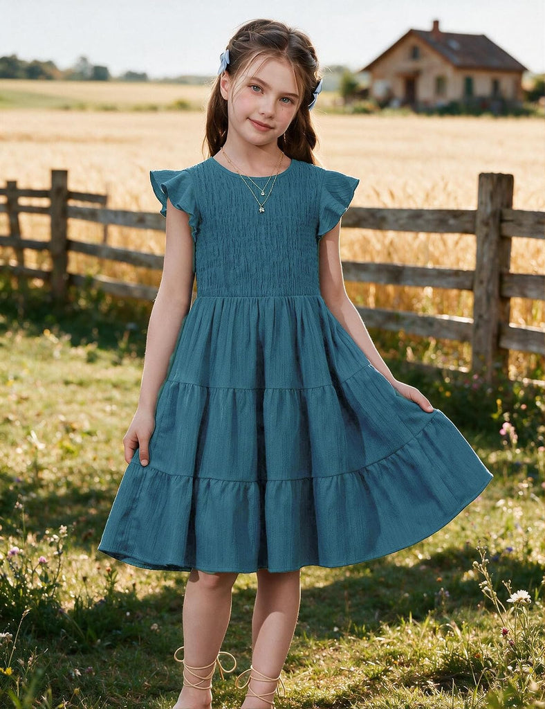 Girls Flutter Sleeve Smocked Tiered Midi Sundress with Pockets
