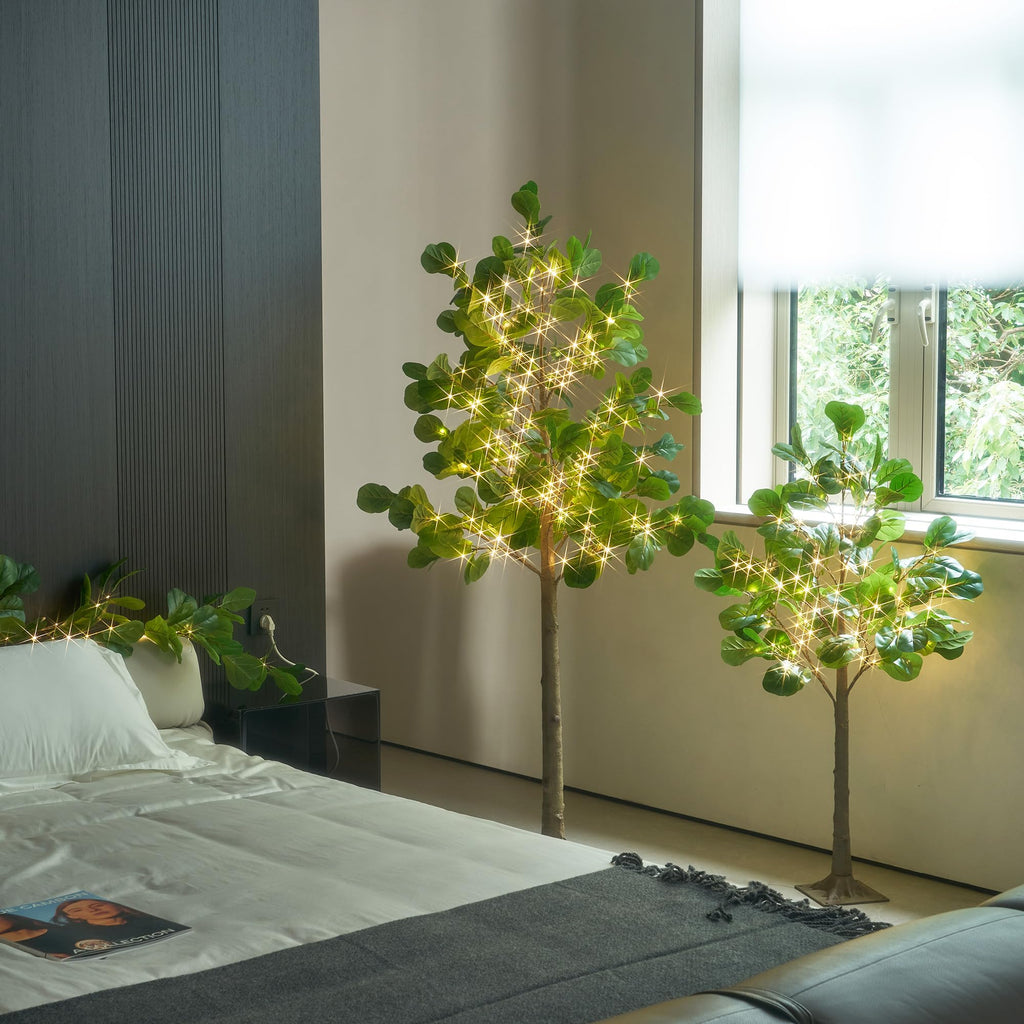 Lighted Artificial Fiddle Leaf Tree 6FT 222 LED Fairy Lights, Artificial Greenery Tree with Lights Fireplace Living