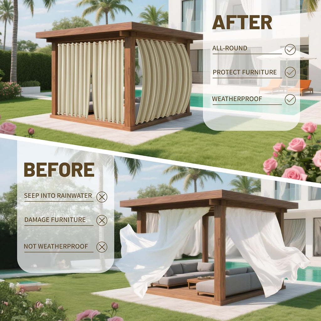Outdoor Curtains Waterproof, Zipper Design 2 Panels Privacy Weatherproof Blackout Curtain Top & Bottom Grommet