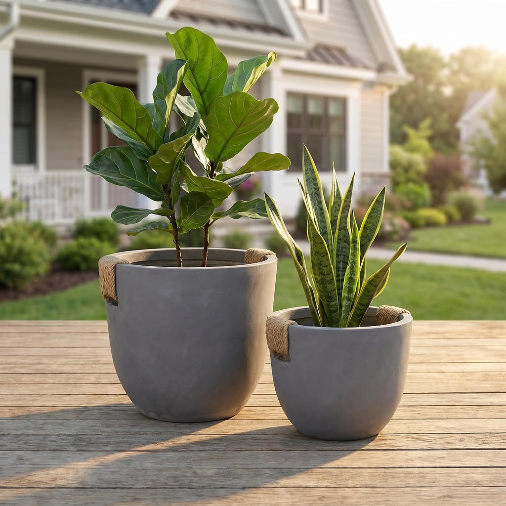 Set of 2 Planter Pots (12.79" & 9.45" ), Lightweight Concrete Look Planters for Indoor Outdoor Plants, Modern Planter