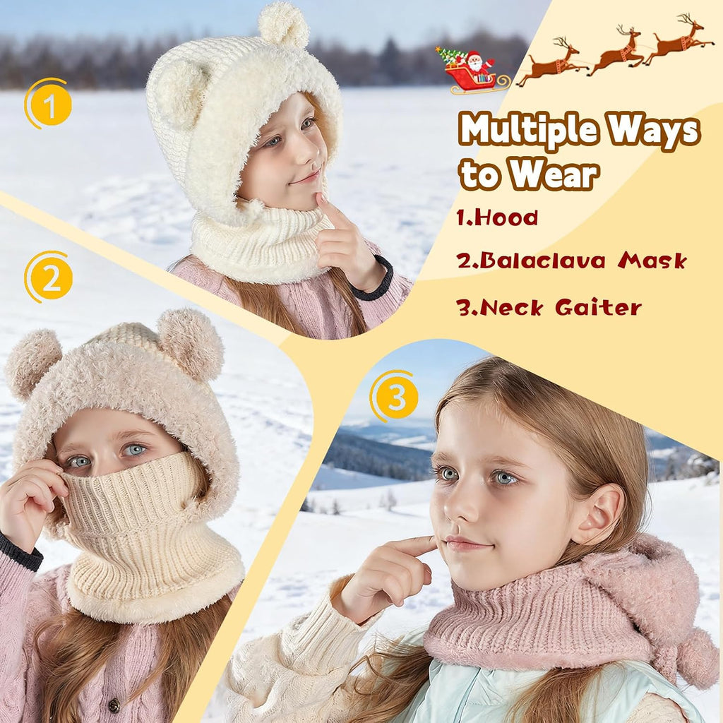 Kids Winter Balaclava Windproof Hats Gloves Set in-1 Fleece Lined Hooded Scarf & Face Mask -8
