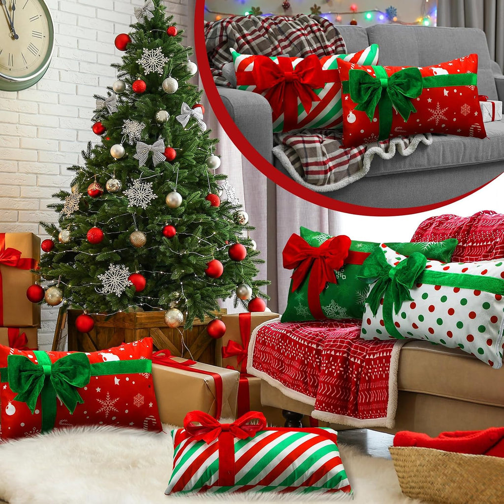 Christmas Pillow Covers 12 x 20 Inch Gift Box 3D Bows - Set of 4