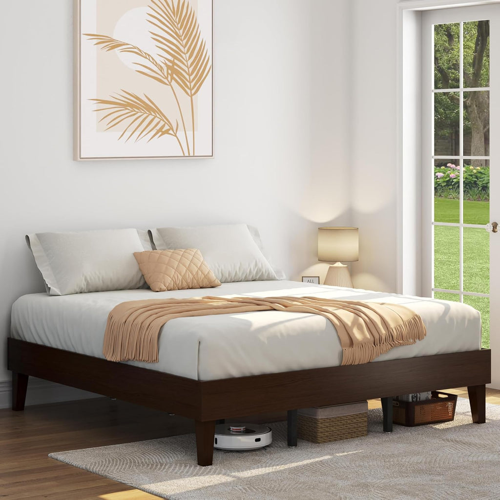 Solid Wood Platform Bed Frame Low-Profile Dark Walnut