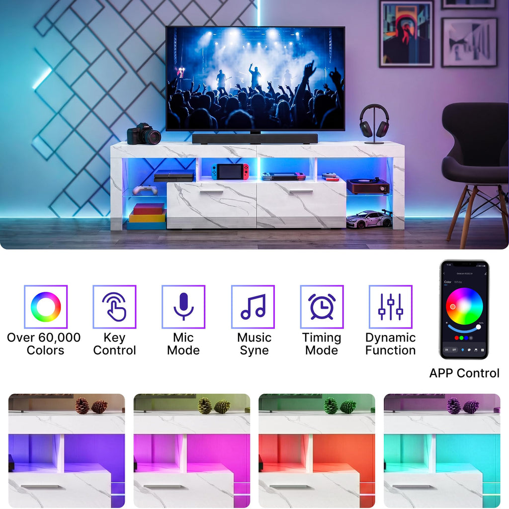 71" TV Stand with LED Lights for TVs up to 80 inch, White Marble
