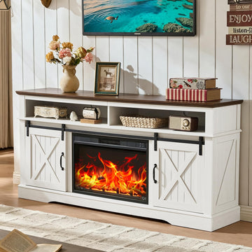 66 Inch Electric Fireplace TV Stand, White Farmhouse Media Console with Sliding Barn Doors, Entertainment Center with