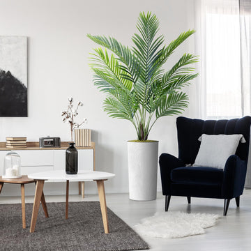 Artificial Tree in White Marble Effect Planter, Fake Areca Tropical Palm Silk Tree for Indoor and Outdoor Home