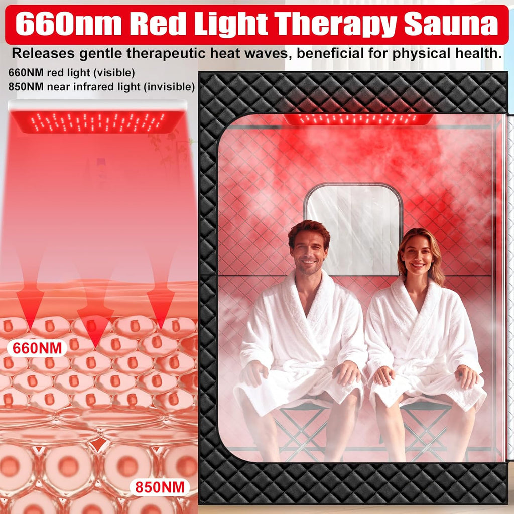 2 Person Infrared Sauna Box for Home, Portable Steam Sauna Room with 660nm+850nm Red Light Therapy Lamp