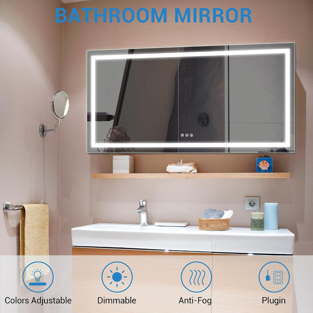 72" x 36" Bathroom Mirror with Lights, Anti-Fog Vanity Mirror with 3 Color Temperatures (3000K/4000K/6500K) &