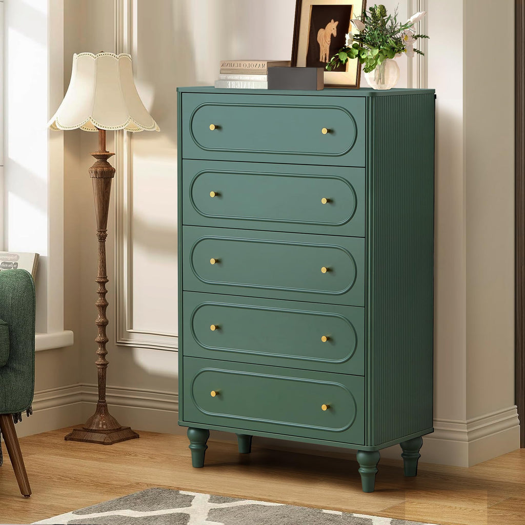 Fluted 5 Drawer Dresser, Mid Century Modern Chest of Drawers, Wood Storage Large Dresser Organizer Living Room