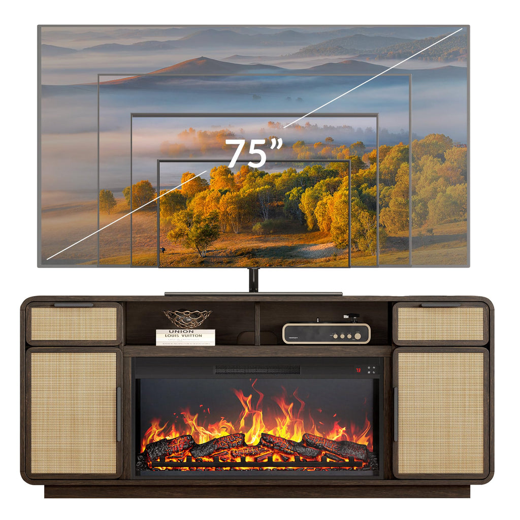 68" TV Stand for TV Up to 75", Boho Entertainment Center with 36" Electric Fireplace Heater with Sound, Rattan