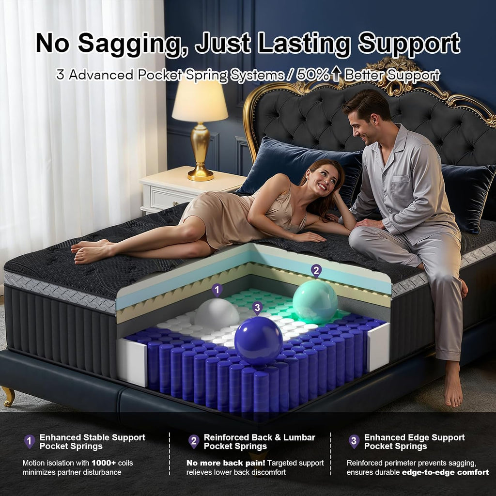 16 Inch Queen Size Mattress, Upgraded Luxury Hybrid Queen Mattress In A Box with 7-Zone Support for Cool Night &