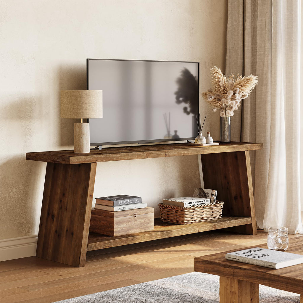 Solid Wood TV Stand, Farmhouse Media Console for 55/60/65 inch TV, 2-Tier Mid-Century Modern TV Stand with Storage
