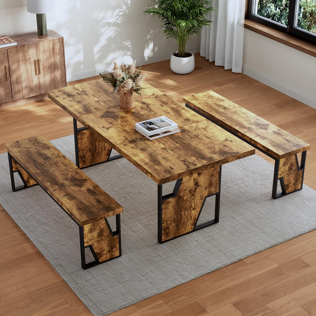70.8" Wooden Dining Table with 2 Benches Kitchen Table and Chairs