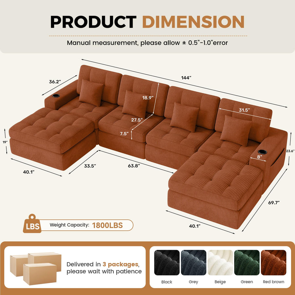 144" U Shaped Cloud Boneless Couch, Modern Modular Sectional Sofa with Layered Cushion, No Assembly Convertible