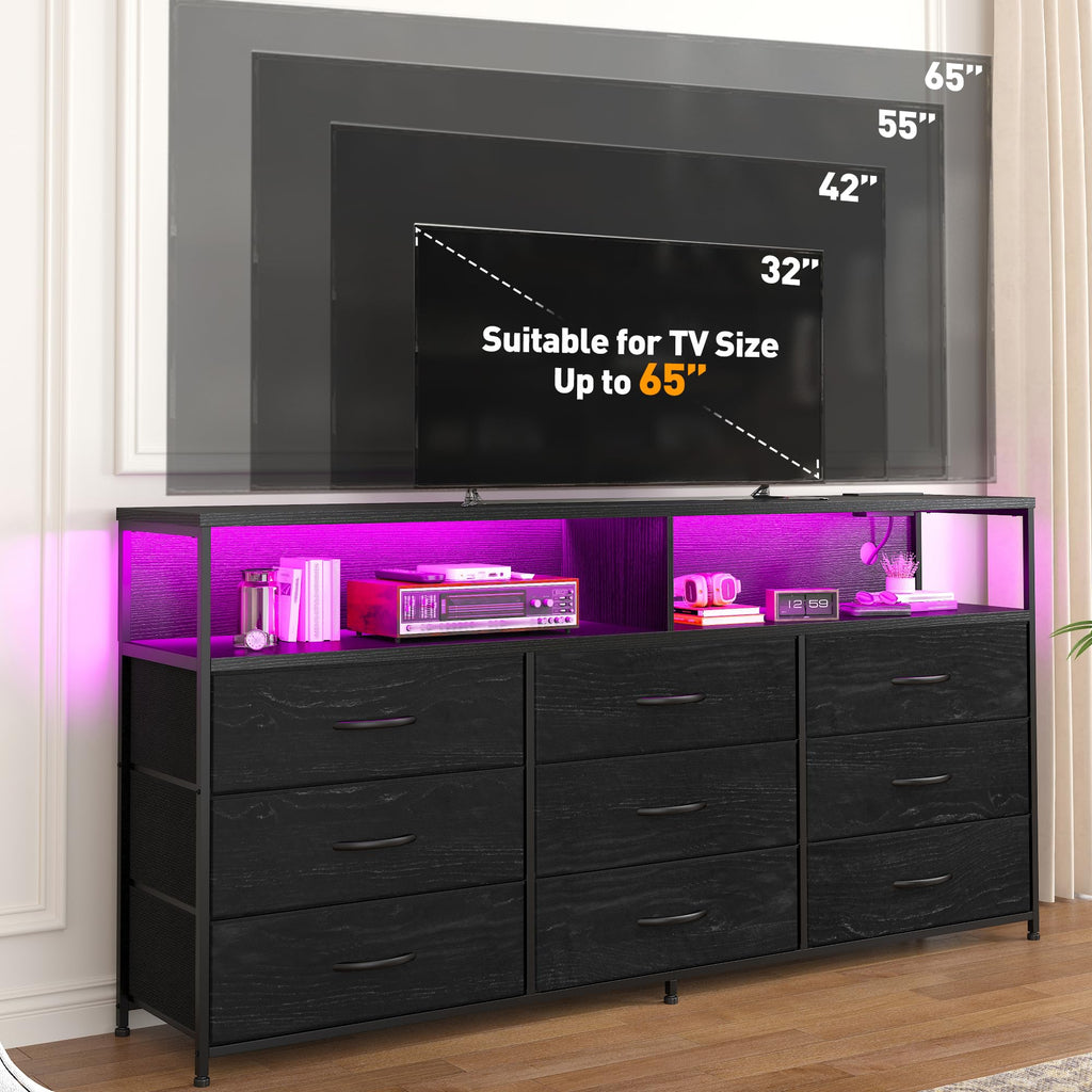 55" W Dresser with Charging Station & LED Light, Black