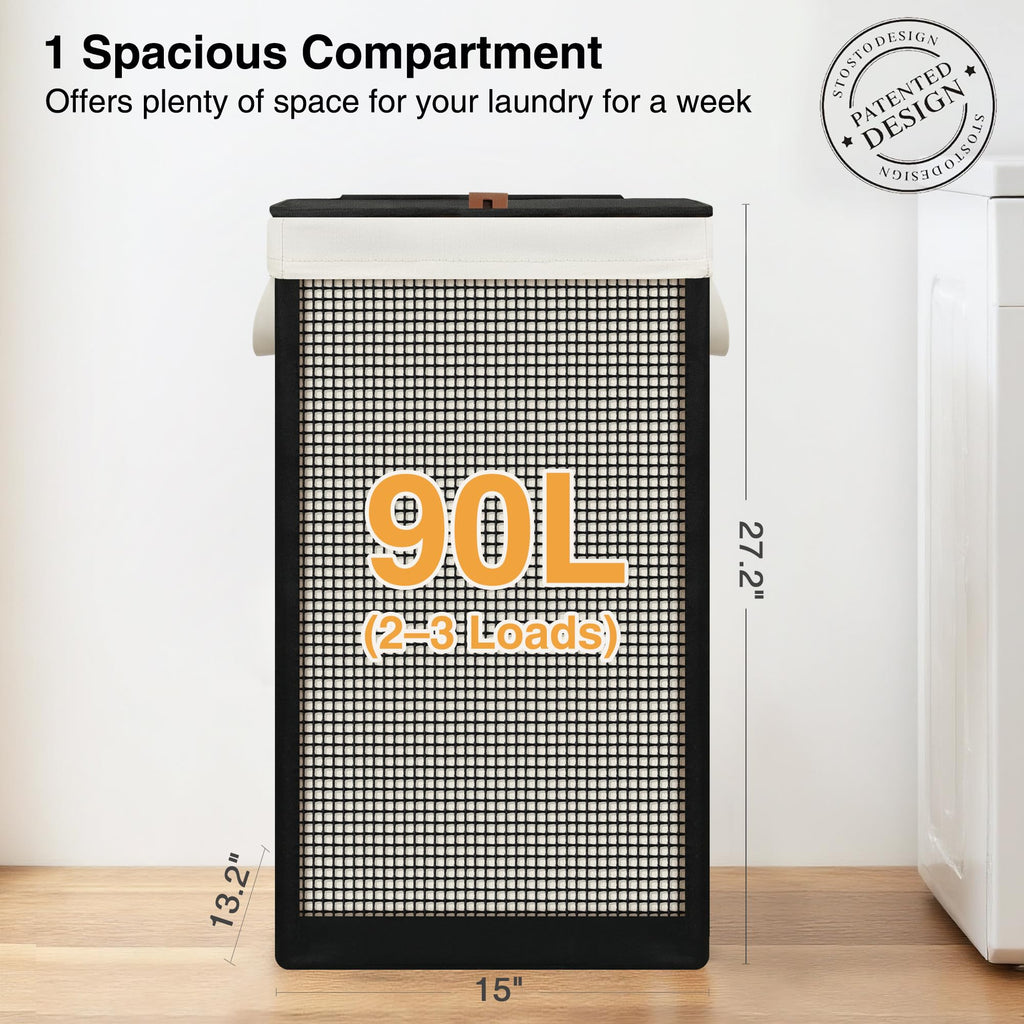 Laundry Hamper with Lid, 90L Sturdy Steel-Frame Clothes Hamper with Removable Washable Liner, Breathable Large