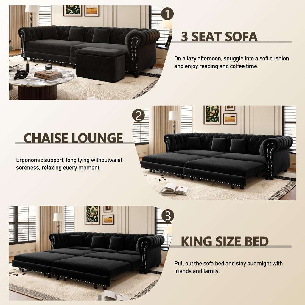 89" Velvet Pull-Out Chesterfield King Sleeper Sofa Bed with Ottoman, Black