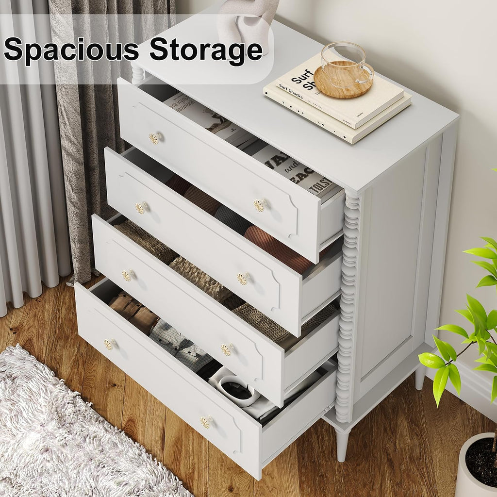 White Dresser with 4 Drawer, 37" Tall Chest of Drawers with Turned Legs and Ceramic Knobs,Vertical Dresser, Wood