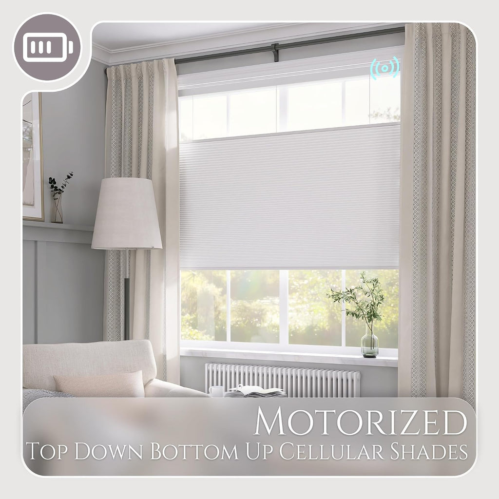 Motorized Top Down Bottom Up Cellular Shades, Smart Electric TDBU Honeycomb Blind with Remote, Blackout or Light