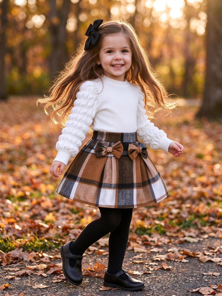 Toddler Girls Plaid Outfits Girls Puff Sleeve Knit Ribbed Shirt Tops Plaid Skirt Set Kids Fall Winter