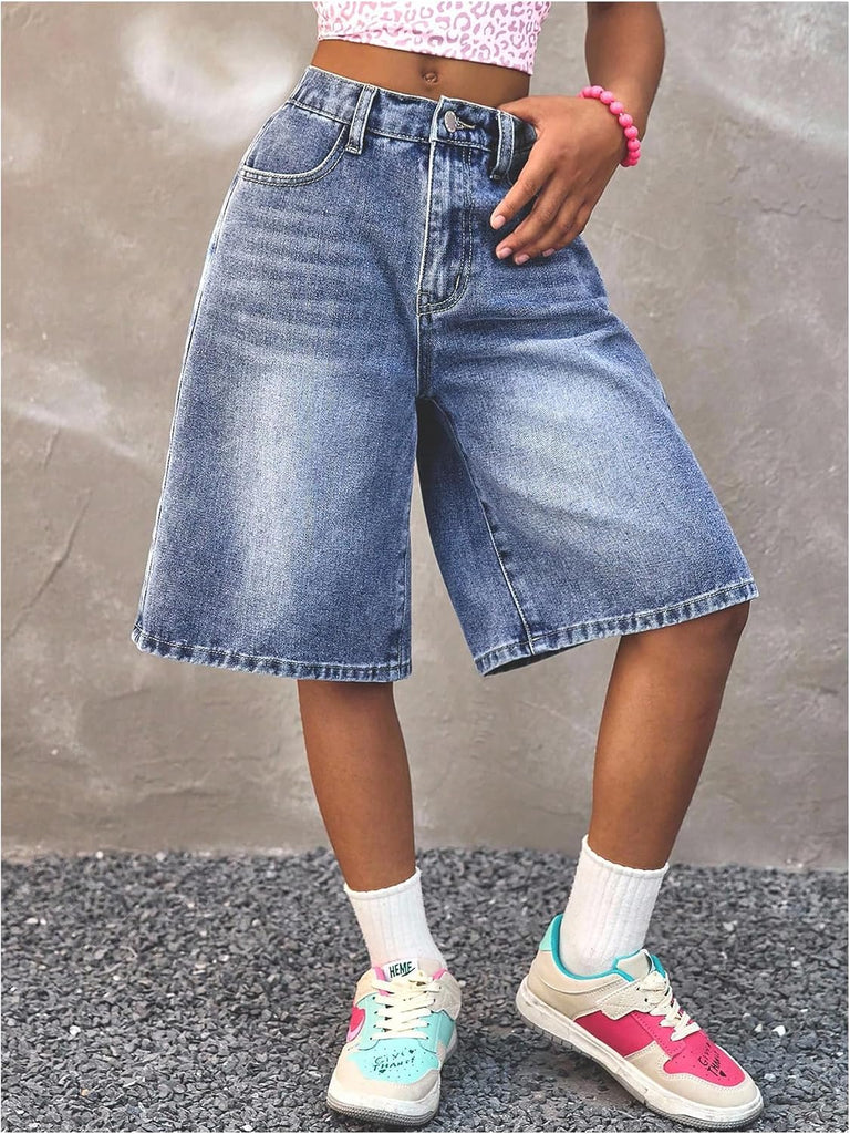 Girl's Baggy Jorts Elastic Waist Wide Leg Bermuda Denim Shorts