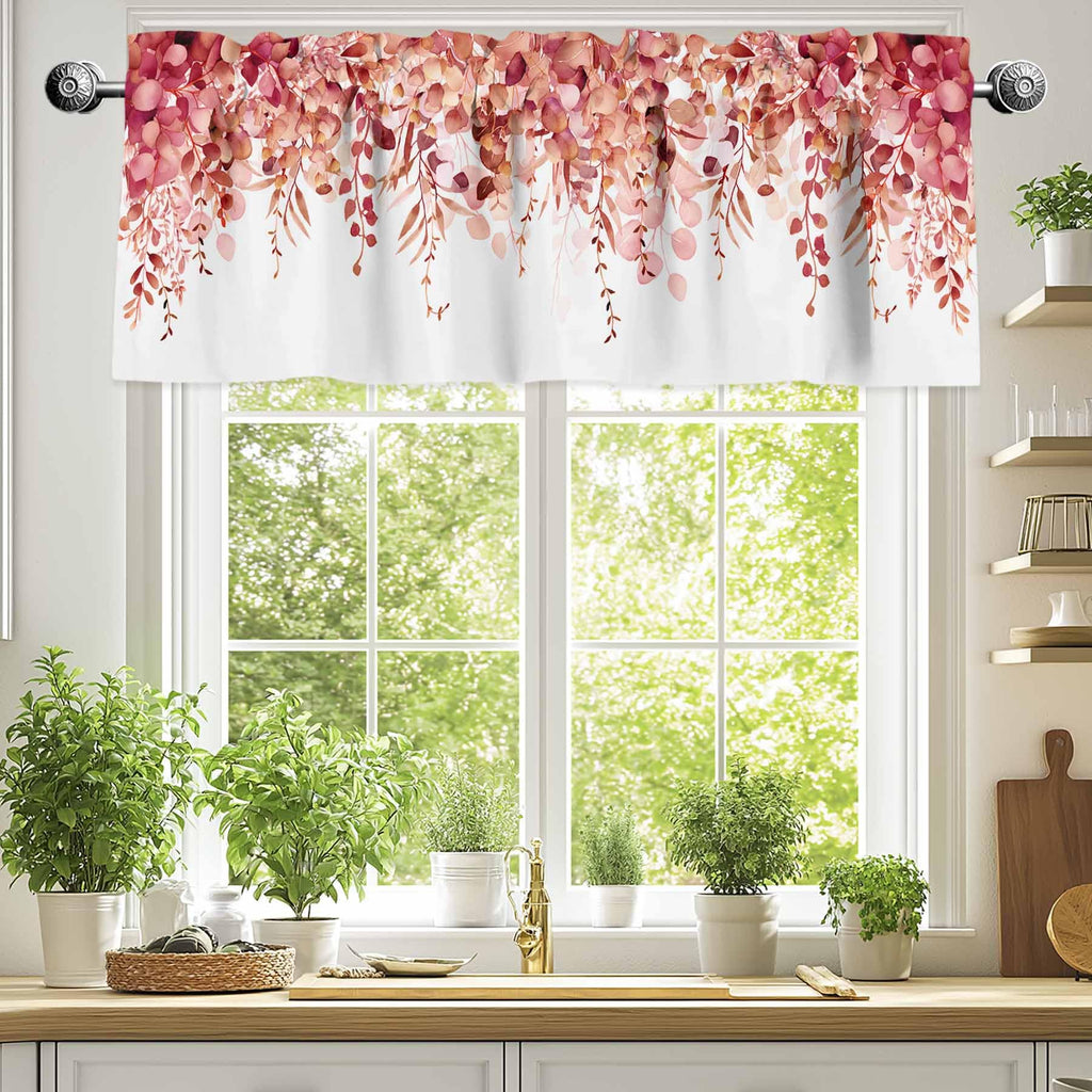 Curtain Valance for Windows Red Eucalyptus Rod Pocket Valance Window Treatments 1 Panel Watercolor Leaves Short