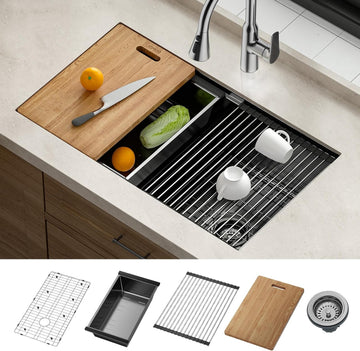 32‐Inch Nano‐Coated Stainless Steel Workstation Sink, 10′′ Deep Single Bowl Undermount Kitchen Sinks, Handmade