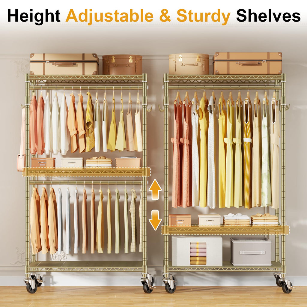 P1 Rolling Clothes Rack, Gold Portable Wardrobe Closets with Wheels