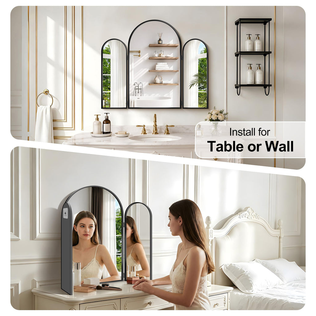 Trifold Vanity Mirror, 30x36Inch 3 Way Mirror Metal Frame, Black Tri Fold Arched Mirror Wall Mounted for Make up