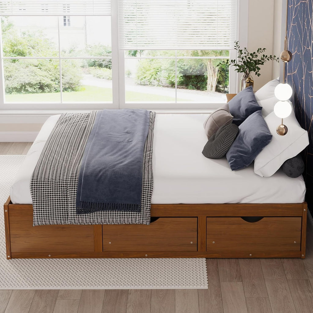 Solid Wood Floor King Bed Frame with Storage Drawers No Headboard(Walnut)
