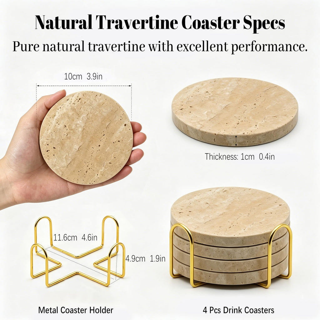 Coasters Natural Travertine Marble Coasters Set of 4 for Drinks Absorbent Stone with Holder Style Ceramic Drink