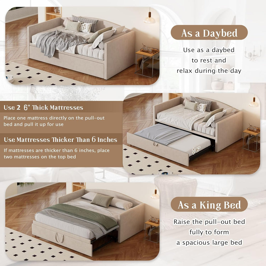 Twin Daybed with Trundle, Velvet Upholstered Day Bed with Pop Up Trundle & Soft Padded Backrest, Twin to King